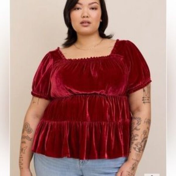 torrid Tops - Torrid Baby Doll Velvet Tiered Off the shoulder Holiday Red Top Plus Size 1(1X)